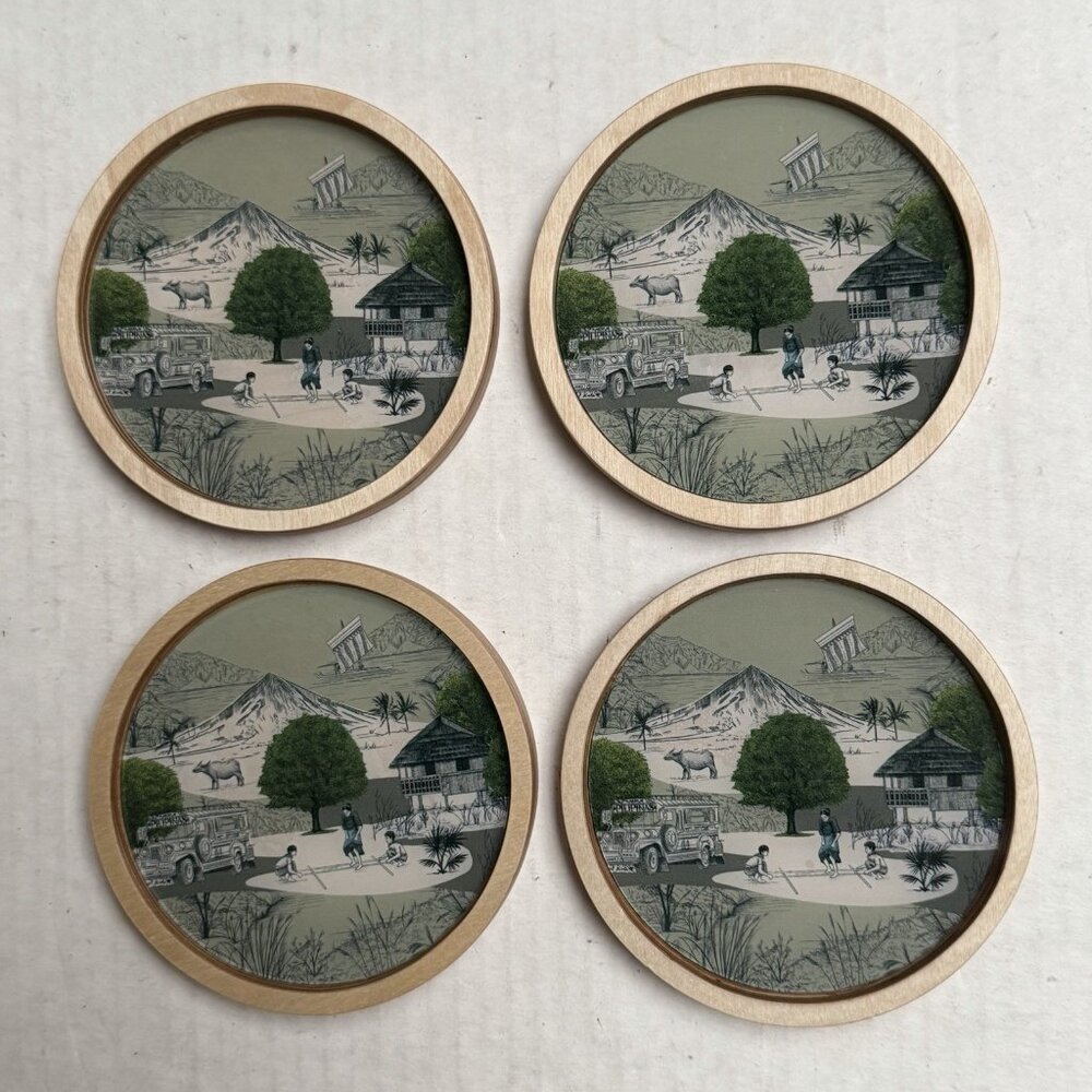 4 Wood Coasters Holder Made in Philippines Folk Art Jeepney Carabao‎ Print Decor